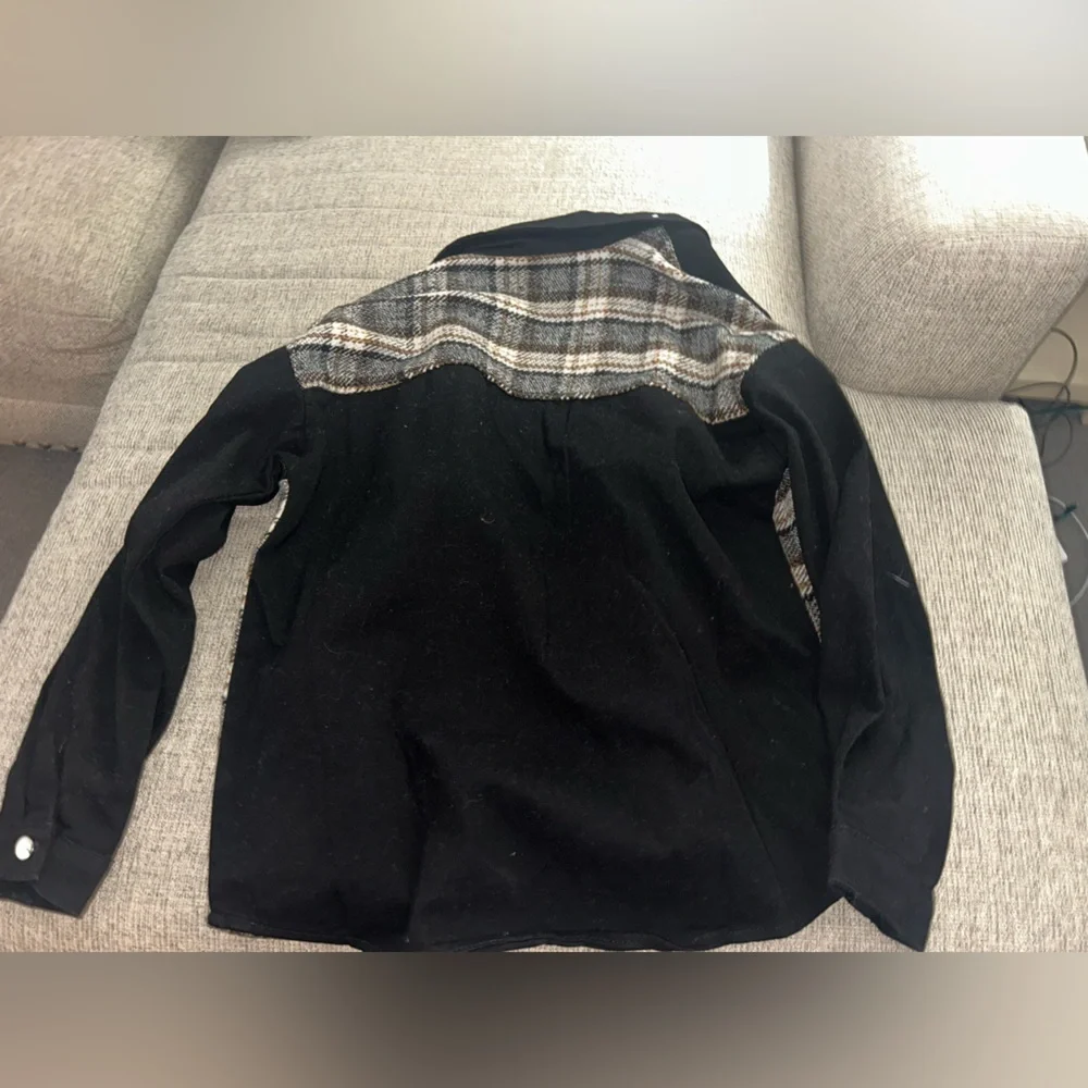 Plaid Button-Up Shacket with Black Sleeves - Picture 7 of 7